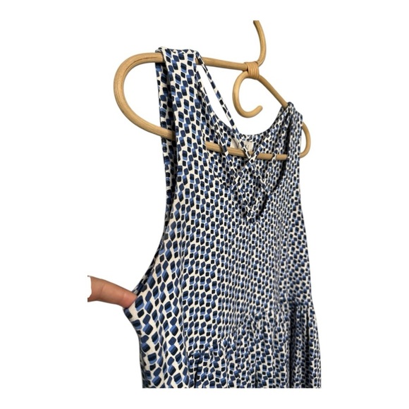 THML Blue White Knit Sleeveless Patterned Criss Cross Neckline Peplum Top Small - Picture 6 of 12